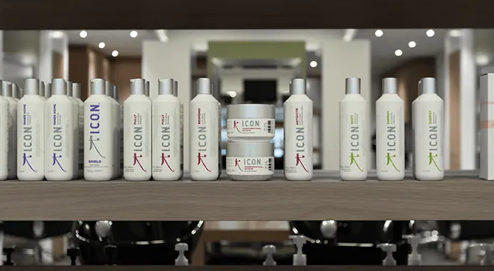 I.C.O.N. haarverzorgingsproducten op een schap in de salon